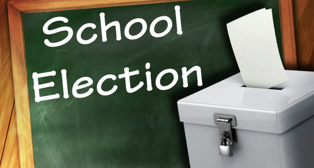 Photo of a chalk board with school election written on it and a ballot box with ballot