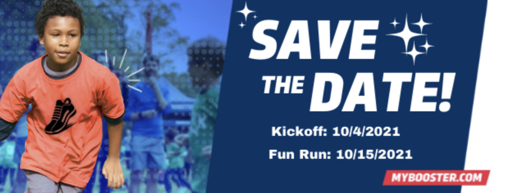 Image of a boy running with text for save the date Oct 4 kick-off and Oct 15 celebration event