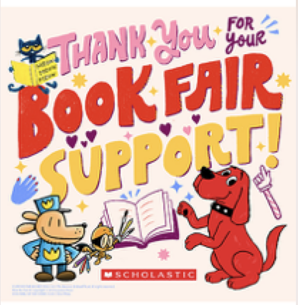 Image of words saying thank you for book fair support and a mouse and dog