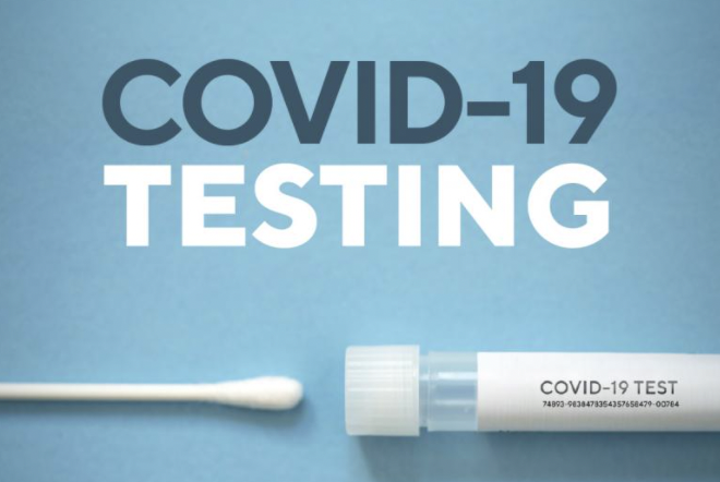 Image of cotton swab and vial with words covid-19 testing