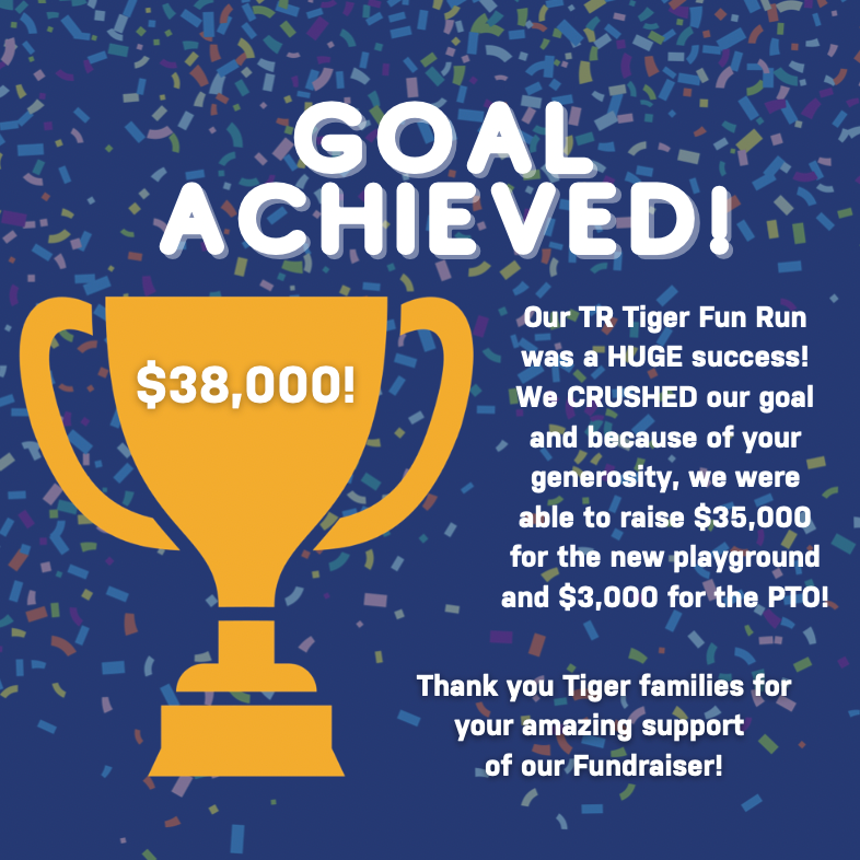 Image of flier showing a clipart graphic of a trophy with $38,000 and noting that we crushed our goal and $35,000 will go to the playground project and $3000 will go to the PTO