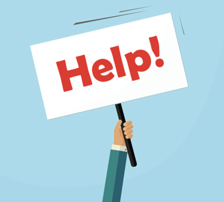 Clip art image of an arm holding a placard sign with the word help on it.