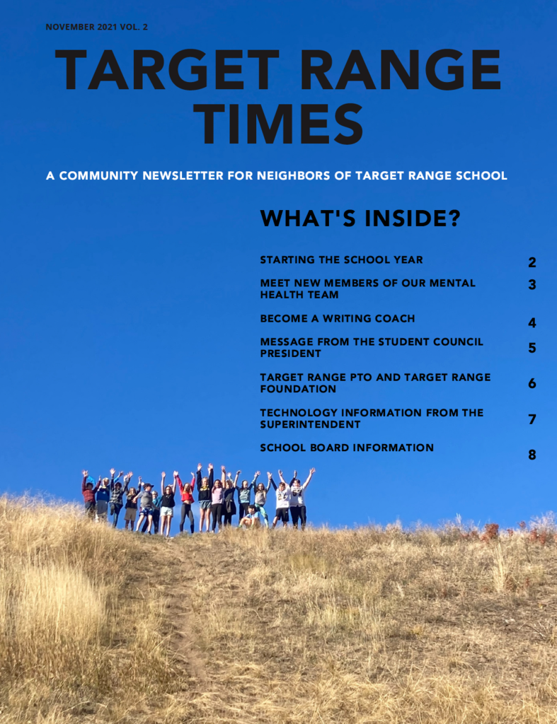 Image of the front cover of the Nov 2021 edition of Target Range Times with table of contents and photo of students on a ridge a part of field trip
