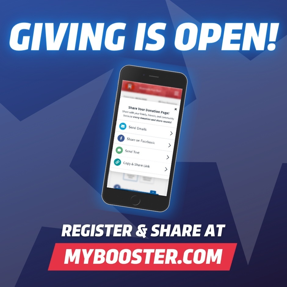 Image of a cell phone with the words Giving is Open and register and share at mybooster.com for the Jogathon
