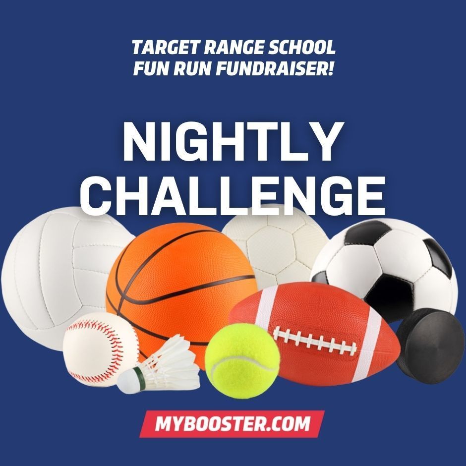 Image of various sports balls and words nightly challenge for TR jogathon fundraiser